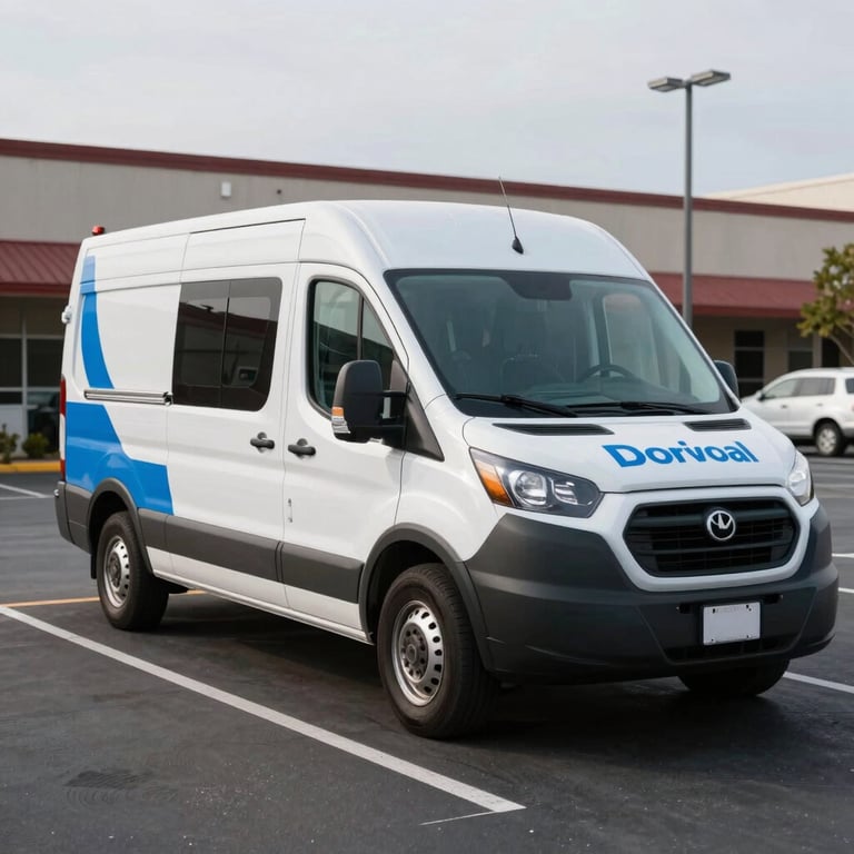 A mobile service van with ocean steel blue accents parked in a North American / US commercial parking lot.