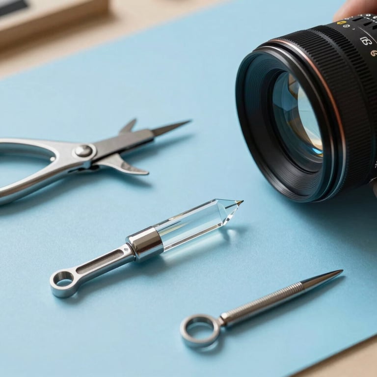 A professional toolkit featuring specialized glass repair instruments on a soft sky blue work mat.