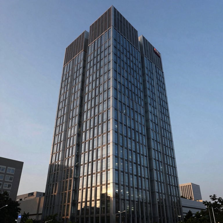 A modern, high-tech office building in Bangalore at dusk, symbolizing the growth and professionalism of the Indian remote work market.