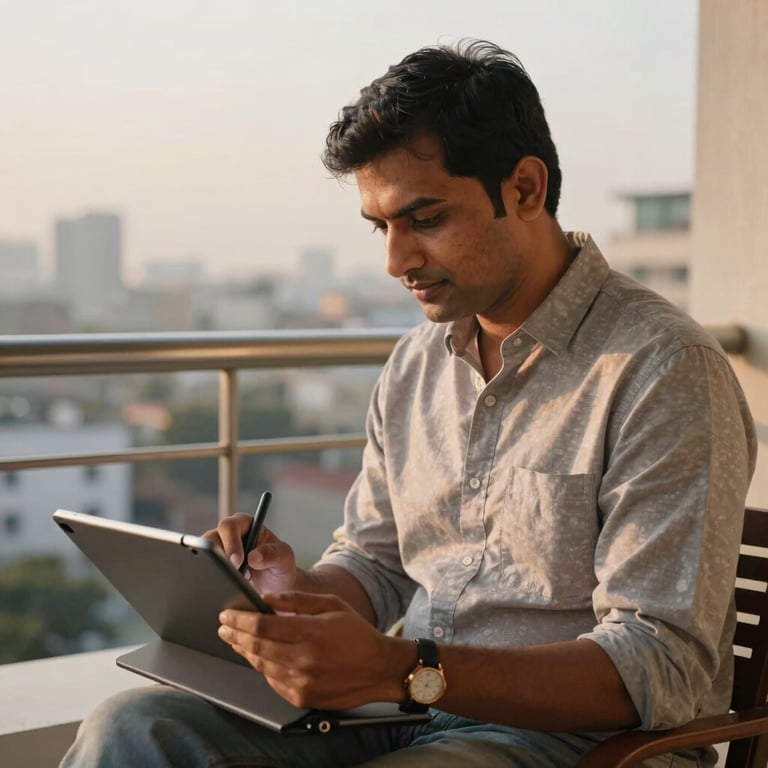 A South Asian / Indian writer sitting on a balcony with city views, working on a tablet with a stylus in the golden hour light.