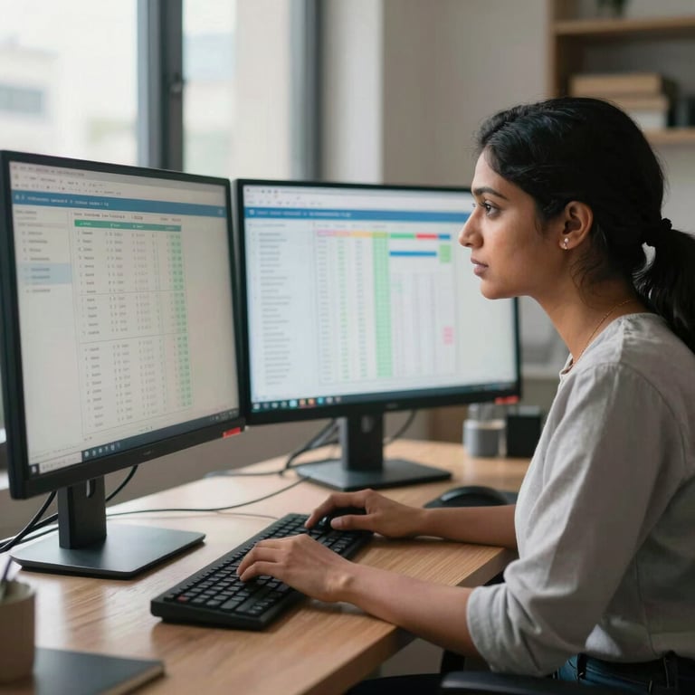 A South Asian / Indian woman analyzing data on two large computer monitors in a bright, modern apartment in an Indian city.