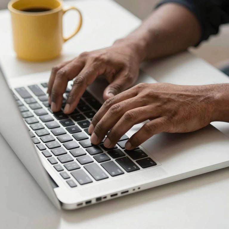 Close-up of South Asian / Indian hands typing on a sleek, silver laptop keyboard on a clean white desk with a yellow coffee mug.