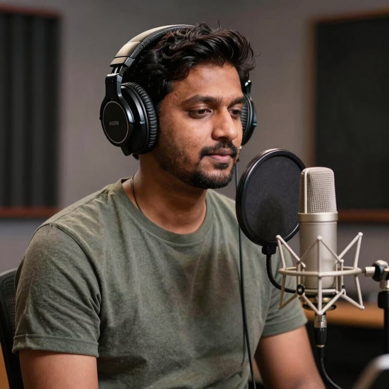 A South Asian / Indian man wearing headphones, recording audio in a professional and modern home studio setup with a high-quality microphone.