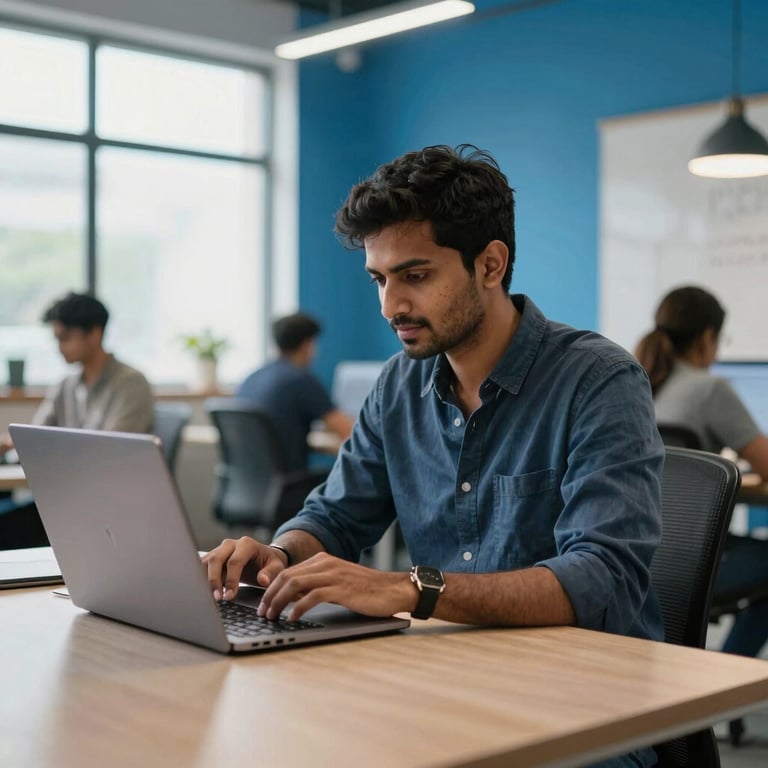 A focused South Asian / Indian developer coding on a laptop in a vibrant, modern co-working space with blue and white decor.