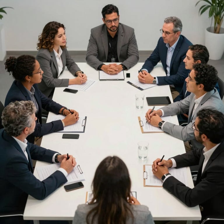 High-angle shot of a diverse team of South American / Brazilian consultants having a strategy meeting around a white table.