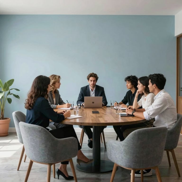 A modern collaborative meeting space in Brazil with pale blue walls and comfortable minimalist furniture.
