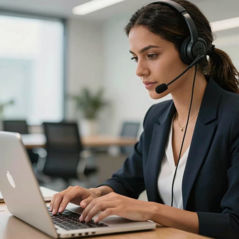 A close-up of a professional South American / Brazilian woman with a headset, typing on a silver laptop in a bright office.