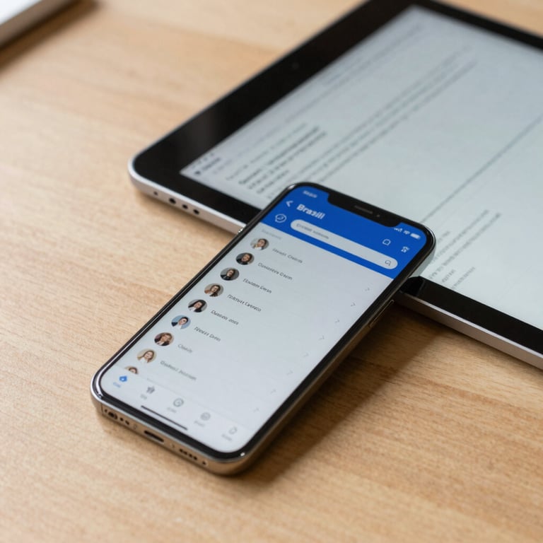 A sleek smartphone and a professional tablet showing a blurred contact center dashboard, on a light wood desk in Brazil.