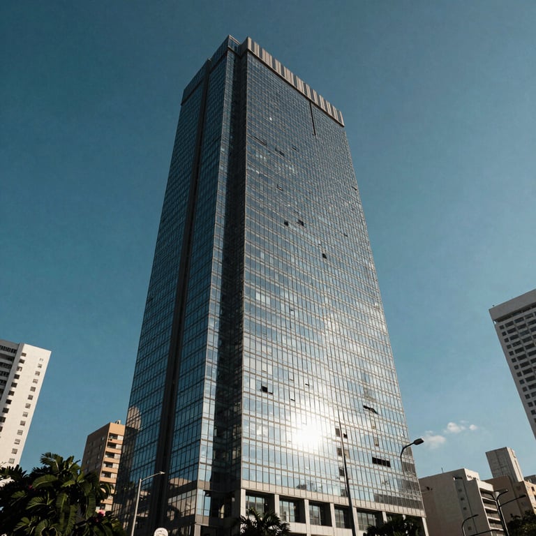 An outdoor shot of a modern glass skyscraper in a Brazilian business district under a clear blue sky.
