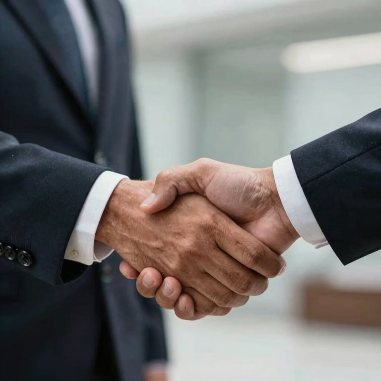 Close-up of a business handshake between two South American / Brazilian executives in professional attire.