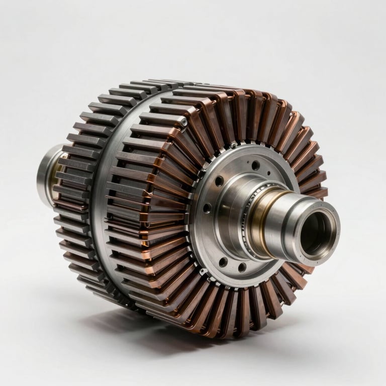 Technical cross-section cutaway of a synchronous alternator showing wound stator, rotor assembly, and bearing housings under flat even studio lighting, precise engineering drawing aesthetic, white background, no shadows