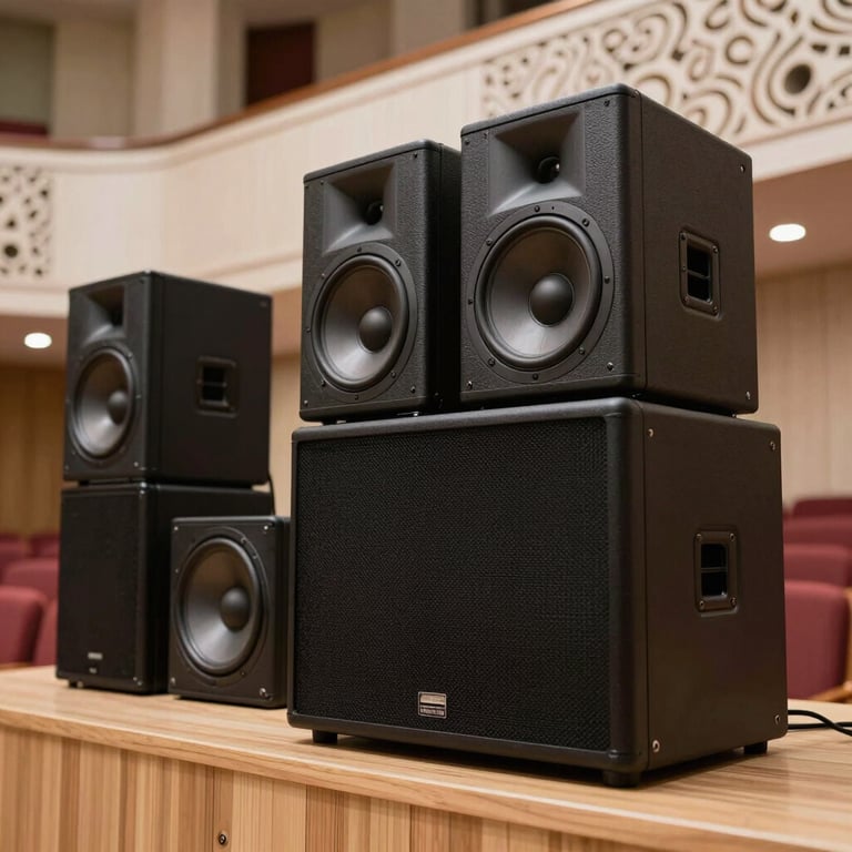 A premium pro-audio system and PA speakers integrated into a high-end auditorium with modern Gulf-style finishes.