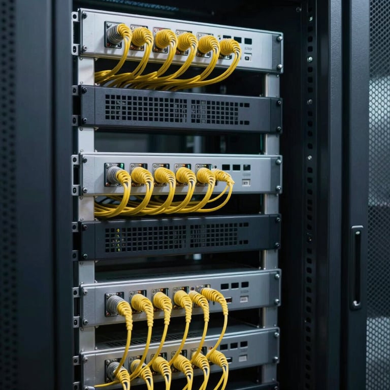 A perfectly organized ICT server rack with fiber optic connections in a temperature-controlled environment.