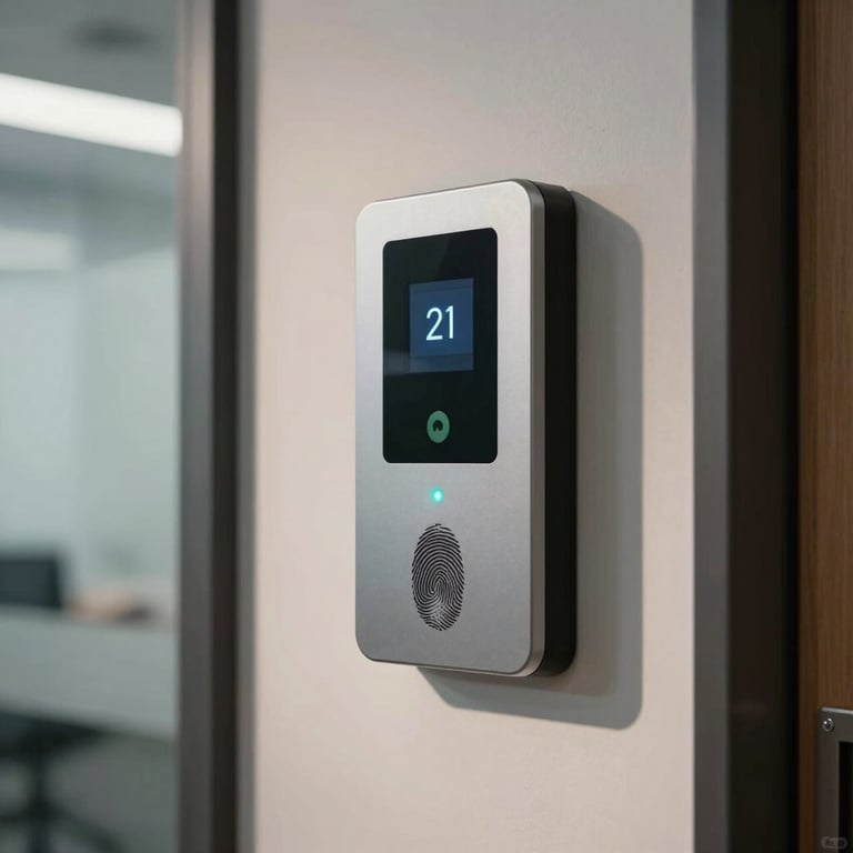 A biometric fingerprint access control terminal installed at a sleek, minimalist corporate office entry.