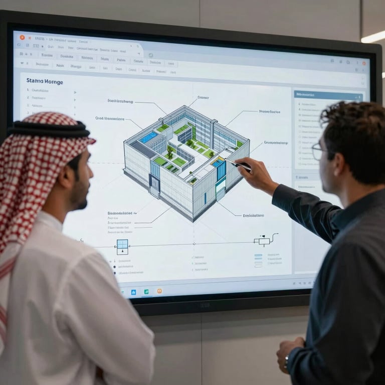 Professional Middle Eastern / Gulf engineers reviewing smart building automation plans on a large touch-screen interface.