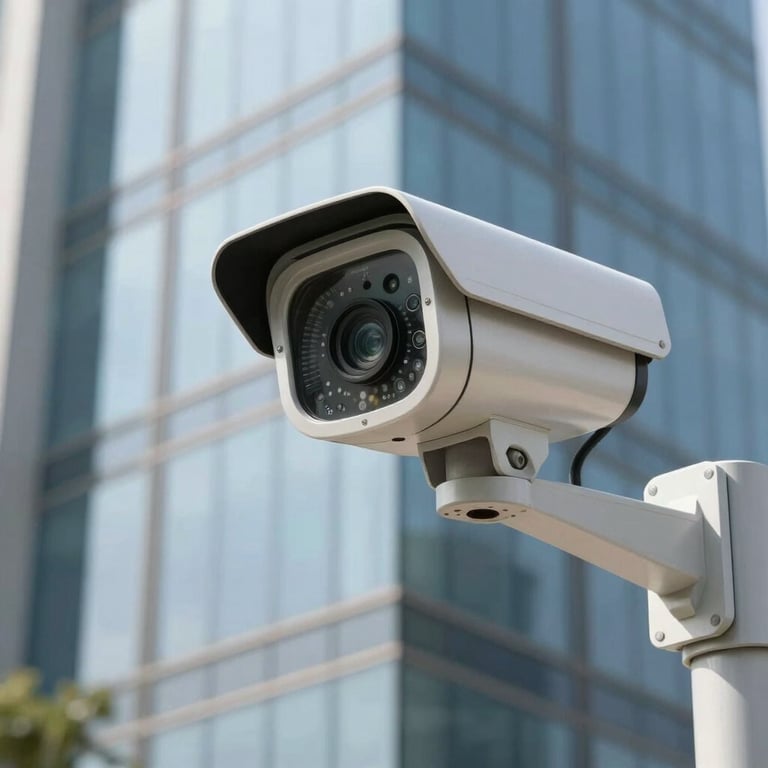 Close-up of a high-tech CCTV security camera mounted on a modern glass building in the Middle Eastern / Gulf region.