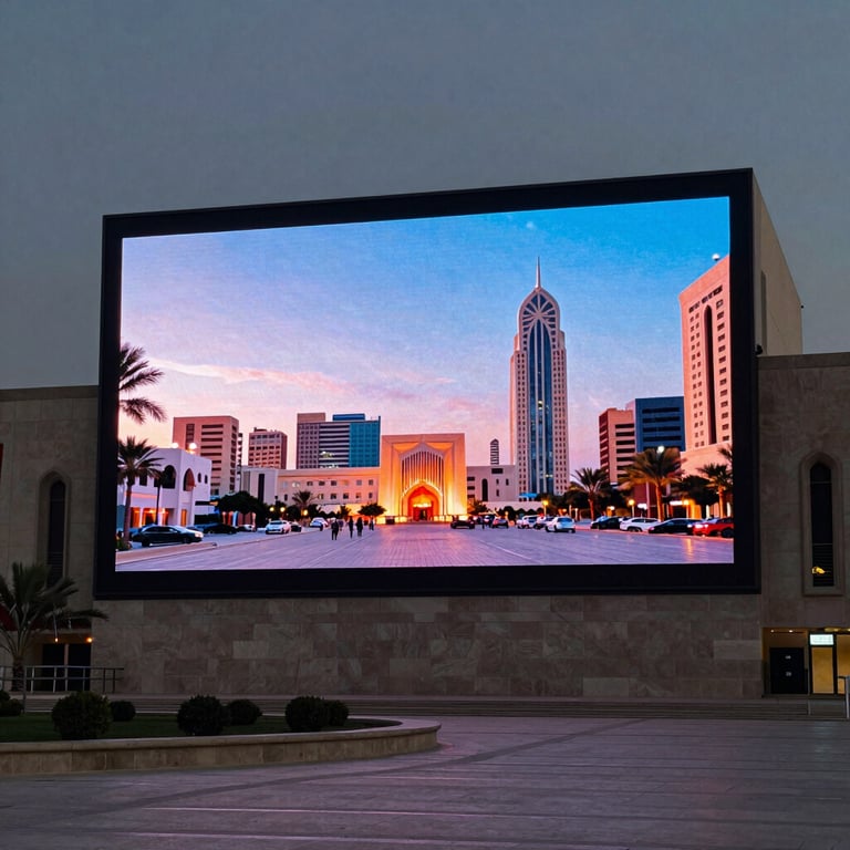 A large-scale outdoor LED screen illuminating a modern Muscat city square at dusk with vibrant imagery.