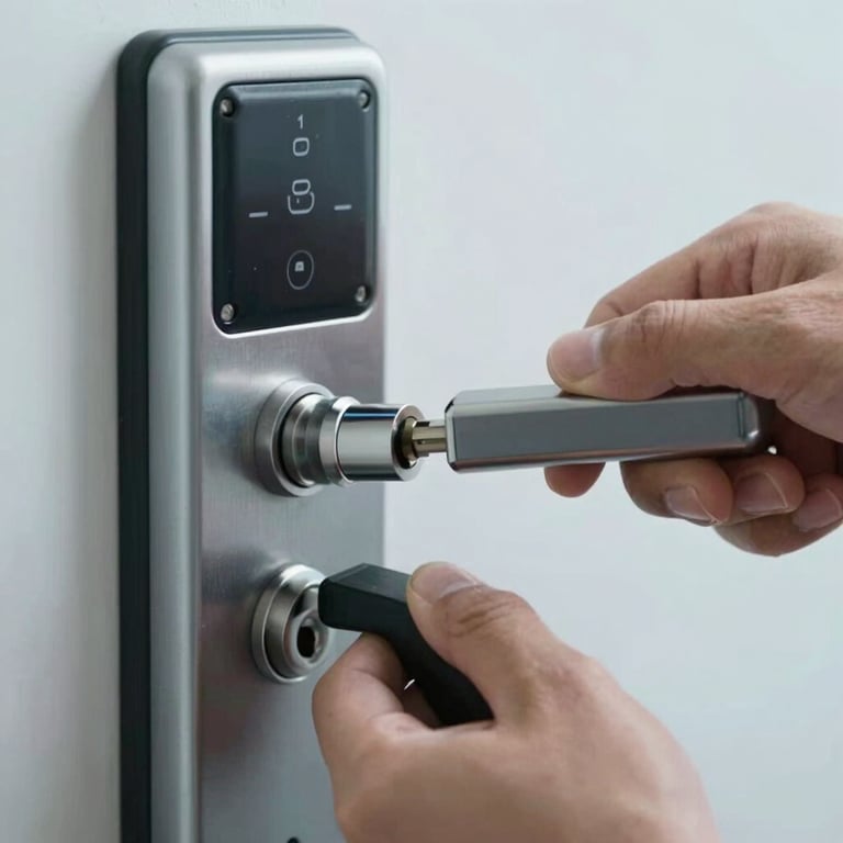 Close-up of a high-tech deadbolt being precision-aligned by a professional locksmith, clean lighting, #1A2E35 and #A8C3CC tones.