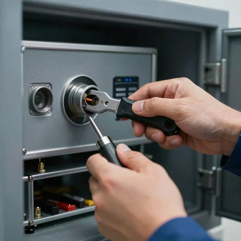 Close-up of a technician's hands using professional tools to service a high-security safe, projecting unwavering reliability and meticulous skill.