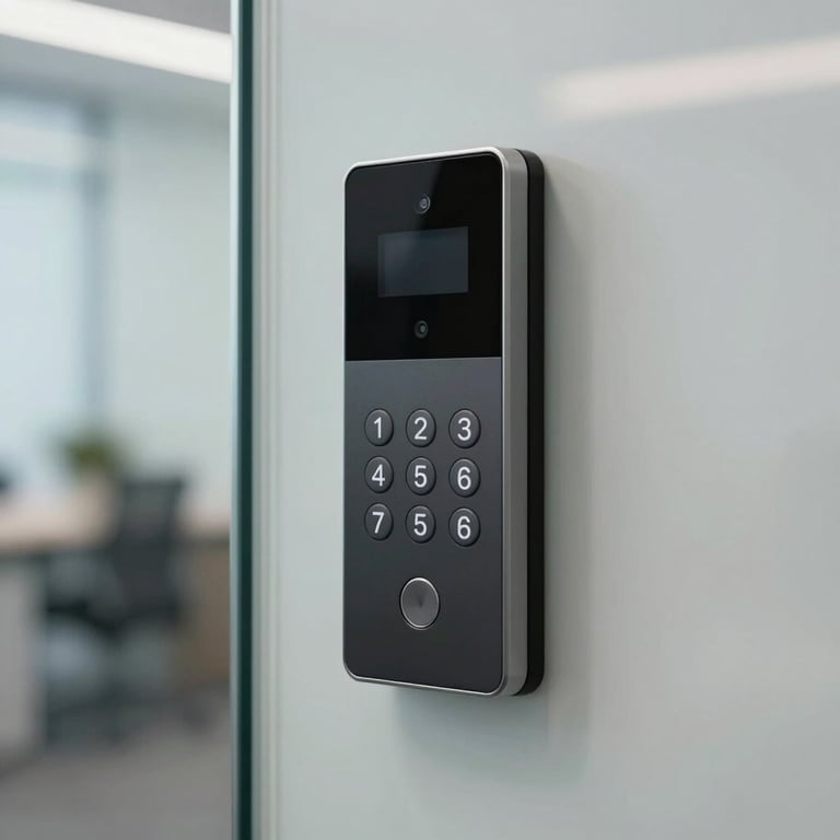 Detail shot of a sophisticated keypad access control system on a minimalist glass office door, emphasizing modern expertise and clean lines.
