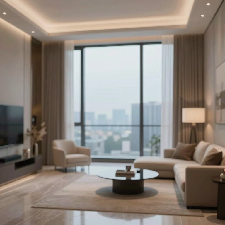 A luxury residential penthouse interior with floor-to-ceiling windows and high-end finishes, warm but professional lighting, incorporating #F0F5F8.