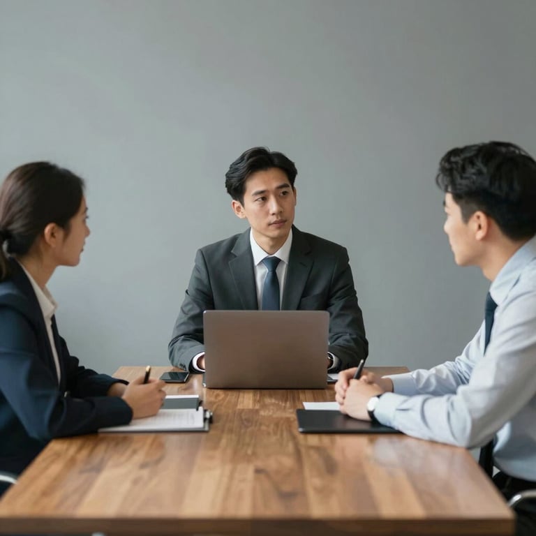 A group of three partners in a collaborative meeting around a large mahogany table, focused and professional atmosphere, tones of #4B6E7D.