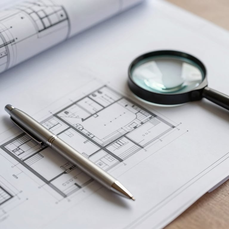 Architectural blueprints laid out on a table with a silver pen and a magnifying glass, sharp focus, professional and modern vibe.