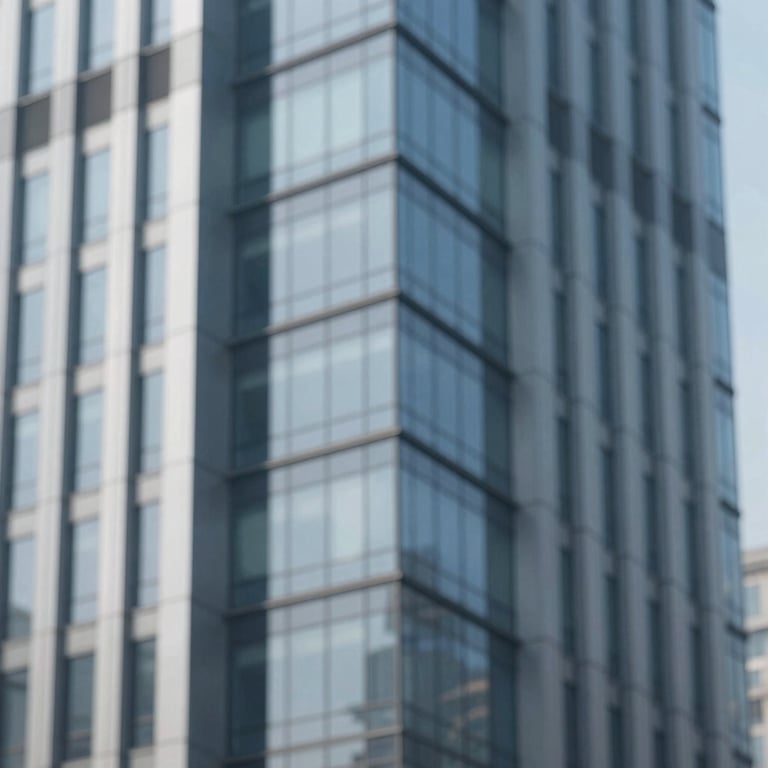 A close-up of a high-end commercial property facade featuring glass and steel, architectural photography style, highlighting #9ABBC6 and #1A2E35.