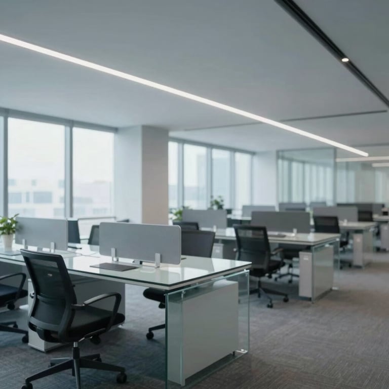 A wide-angle view of a sleek, modern property management office with glass desks and ergonomic chairs, lighting is efficient and clean, reflecting #F0F5F8.