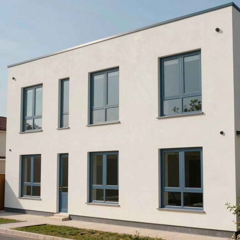 A wide shot of a modern residential renovation with clean off-white exterior walls and muted steel blue window frames.