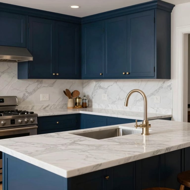 A finished residential kitchen renovation with deep navy blue cabinetry and clean off-white marble countertops.