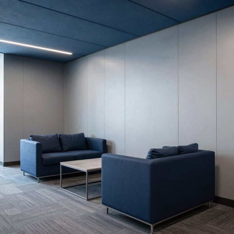 Interior of a newly completed commercial office space featuring soft silver-blue acoustic panels and sleek navy furniture.