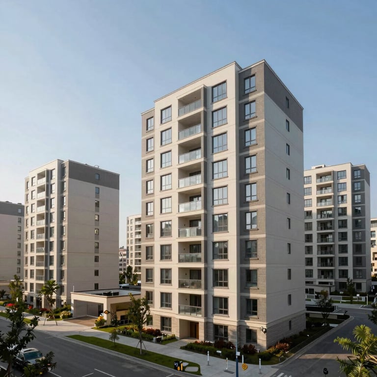 A series of modern government housing units with durable architecture under a bright, professional lighting setup.