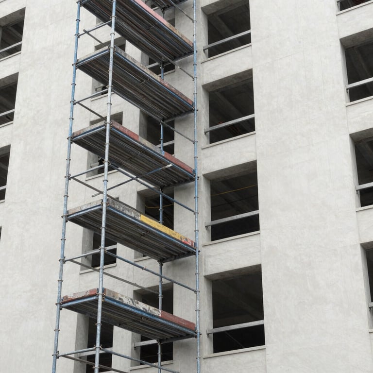 Professional construction site showing muted steel blue scaffolding against a tall, clean off-white building structure.