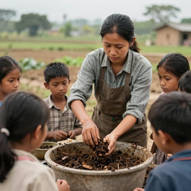 A teacher demonstrating composting techniques to a small attentive group in rural farm attire.
