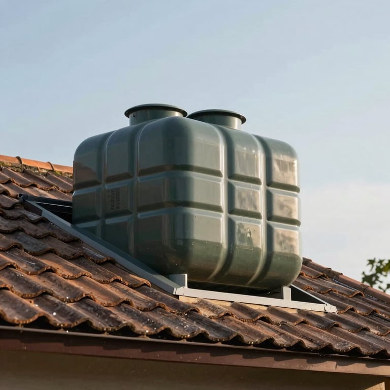 Modern rainwater collection tanks connected to a sloped rustic roof under a clear bright sky.