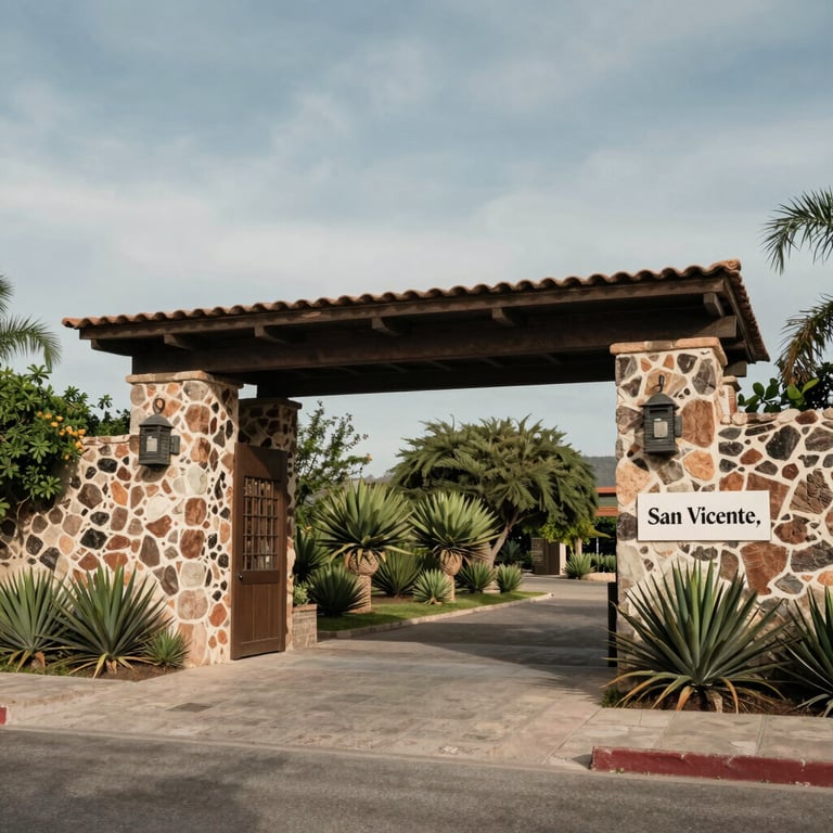 Wide shot of the Rancho Escuela Nuevo Paraíso entrance with local stone walls and native plants in San Vicente.