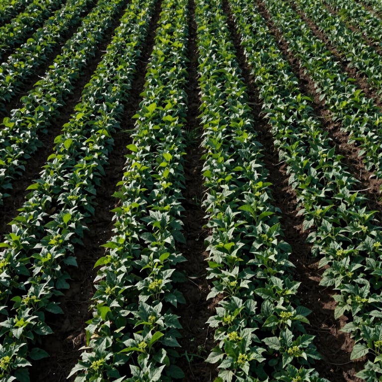 Overhead view of symmetrical organic crop rows highlighting sustainable irrigation systems and dark green foliage.