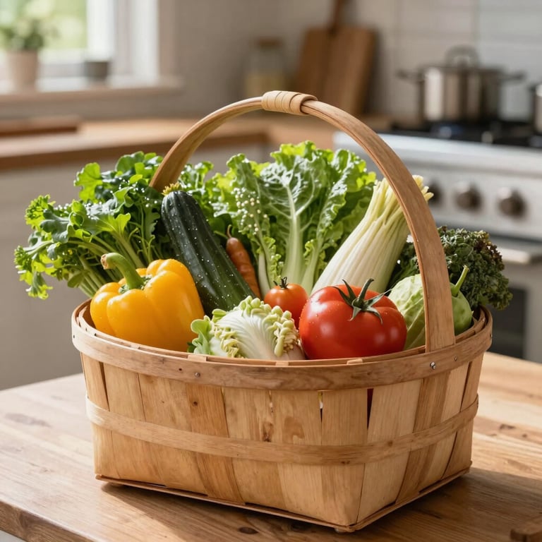 A wooden basket filled with freshly harvested organic produce in a bright, rustic outdoor kitchen setting.