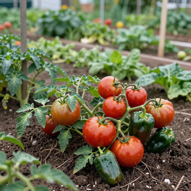 A diverse organic vegetable garden with tomatoes and peppers growing in healthy soil, North American / Mexican context.