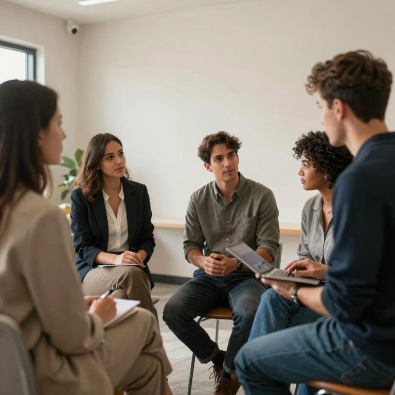 A diverse group of young adults in casual professional attire collaborating in a modern North American / US / Florida community center with soft off-white walls.