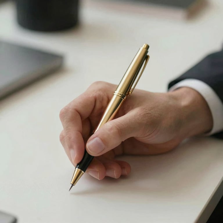 Close-up of a graduate's hand holding a subtle gold pen over a clean desk in a North American / US / Florida setting.