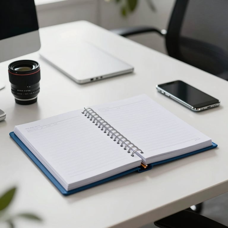 A professional blue planner and a smartphone on a clean, modern desk in a North American / US / Florida office.