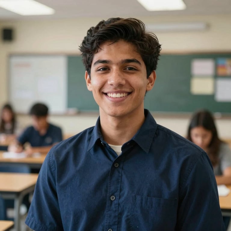 A young adult smiling confidently while wearing a deep navy blue professional shirt in a North American / US / Florida educational environment.