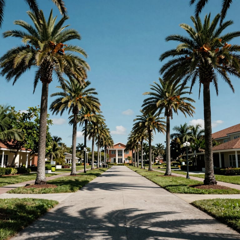 A wide shot of a palm-lined North American / US / Florida college campus under a clear blue sky, emphasizing the local Palm Beach environment.