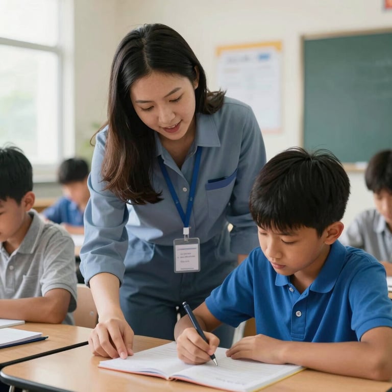A young adult support assistant helping a student with schoolwork in a bright North American / US / Florida classroom environment.