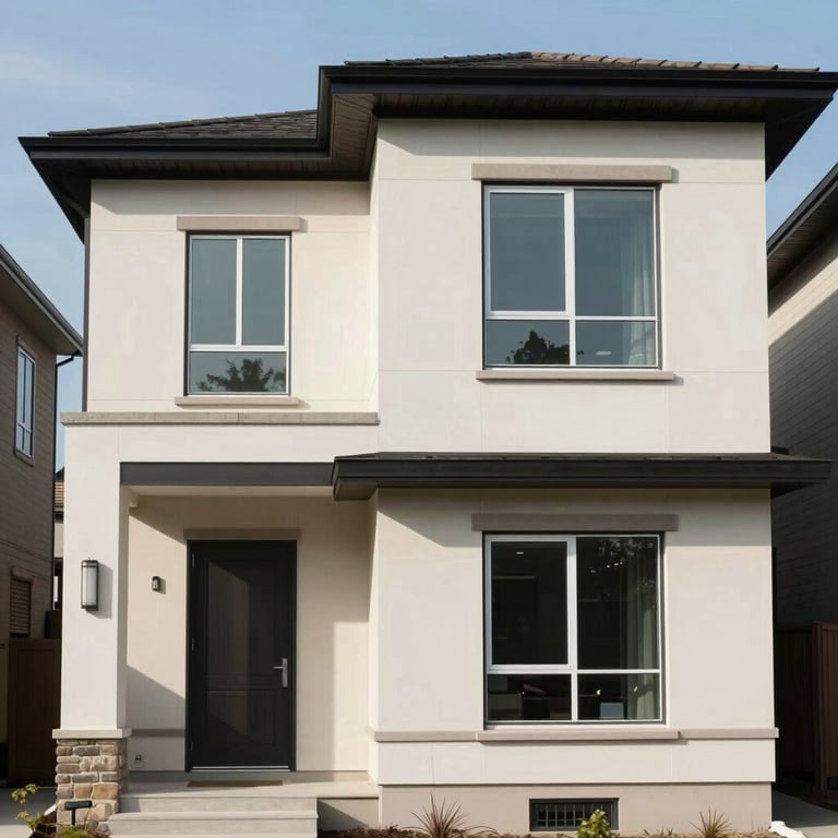 A crisp photograph of a modern North American residential property facade with clean architectural lines, bright daylight.