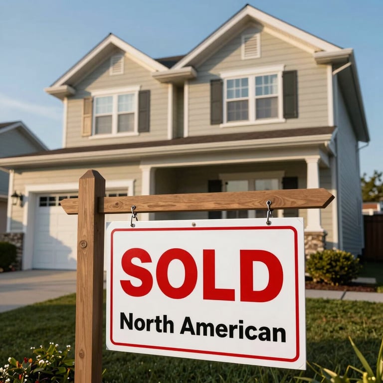 A charming North American bungalow with a sold sign in the foreground, soft sunlight, professional real estate photography.