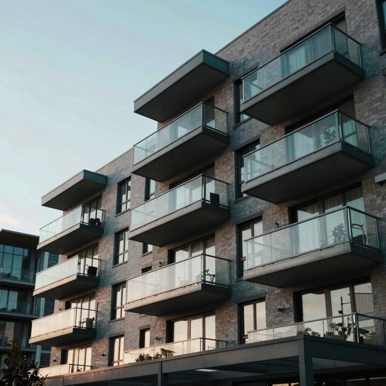 An architectural detail of a modern apartment complex with glass balconies under a pale blue sky, North American urban setting.