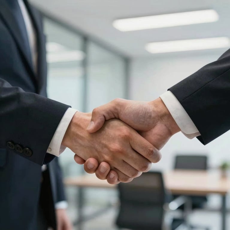 A close-up of a professional handshake between two people in business attire in a brightly lit North American office, representing a partnership.